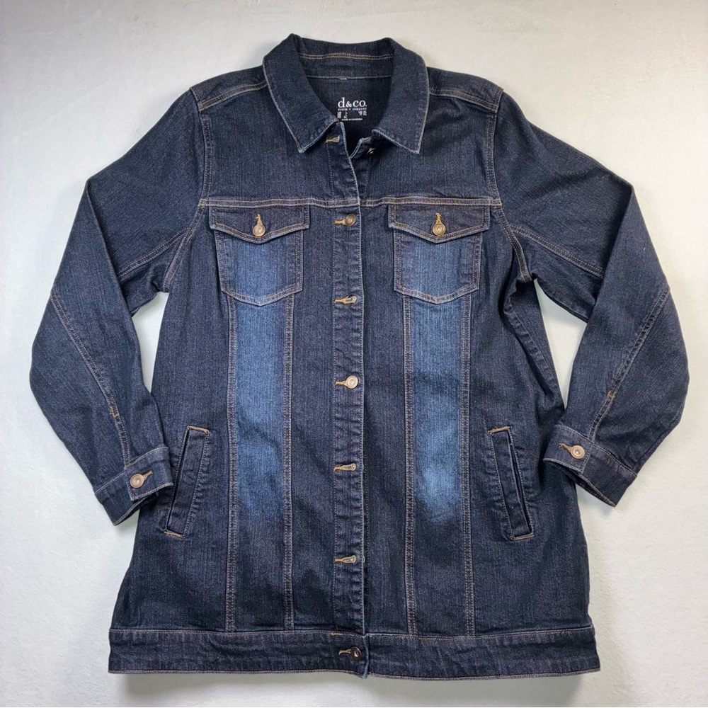 D & Co Women’s Long Jean Jacket Large Stretch Button Front Pockets Collared